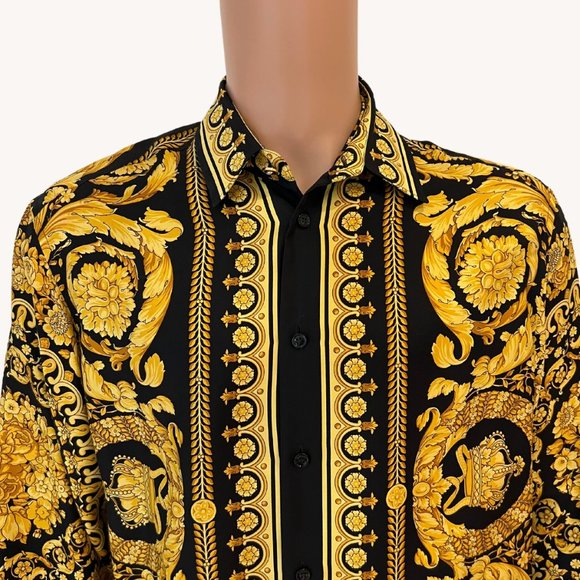 VERSACE BARROCCO SILK TWILL SHIRT IN BLACK + GOLD - Picture 4 of 8